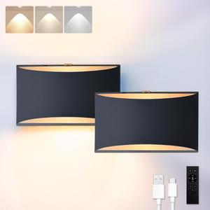 BLUEYE 2Packs Battery Operated Wall Sconce,Remote Control,Soft Warm 2700K-6000K,Cast Aluminum,Rechargeable,50W Equivalent Lamp,No Flicker,600Lumens,Dimmable,Black,Set of Two for Non-Hardwired (8-inch)