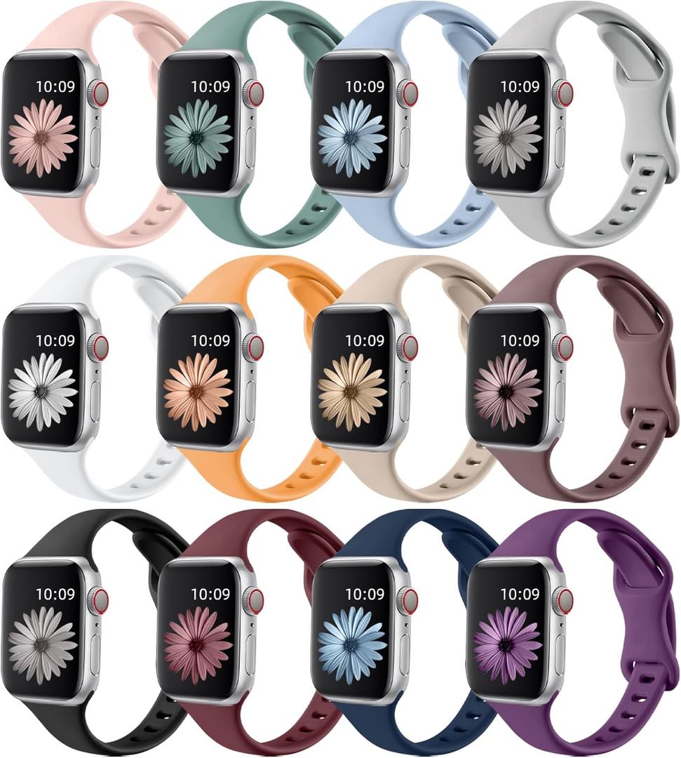 Lerobo 12 Pack Slim Bands Compatible with Apple Watch Band 38mm 40mm 41mm 42mm 44mm 45mm 46mm 49mm,Soft Narrow Sport Strap Thin Wristband for iWatch Band Series 10/9/8/7/SE/6/5/4/3/2/1/Ultra Women Men