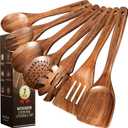 Kikcoin 7 PCS Durable Natural Teak Wooden Cooking Utensils Set, Non Toxic Wooden Spoons for Cooking, Wooden Utensil Set for Cooking with Comfort Grip, Nonstick & Easy to Clean Wood Kitchen Utensil Set