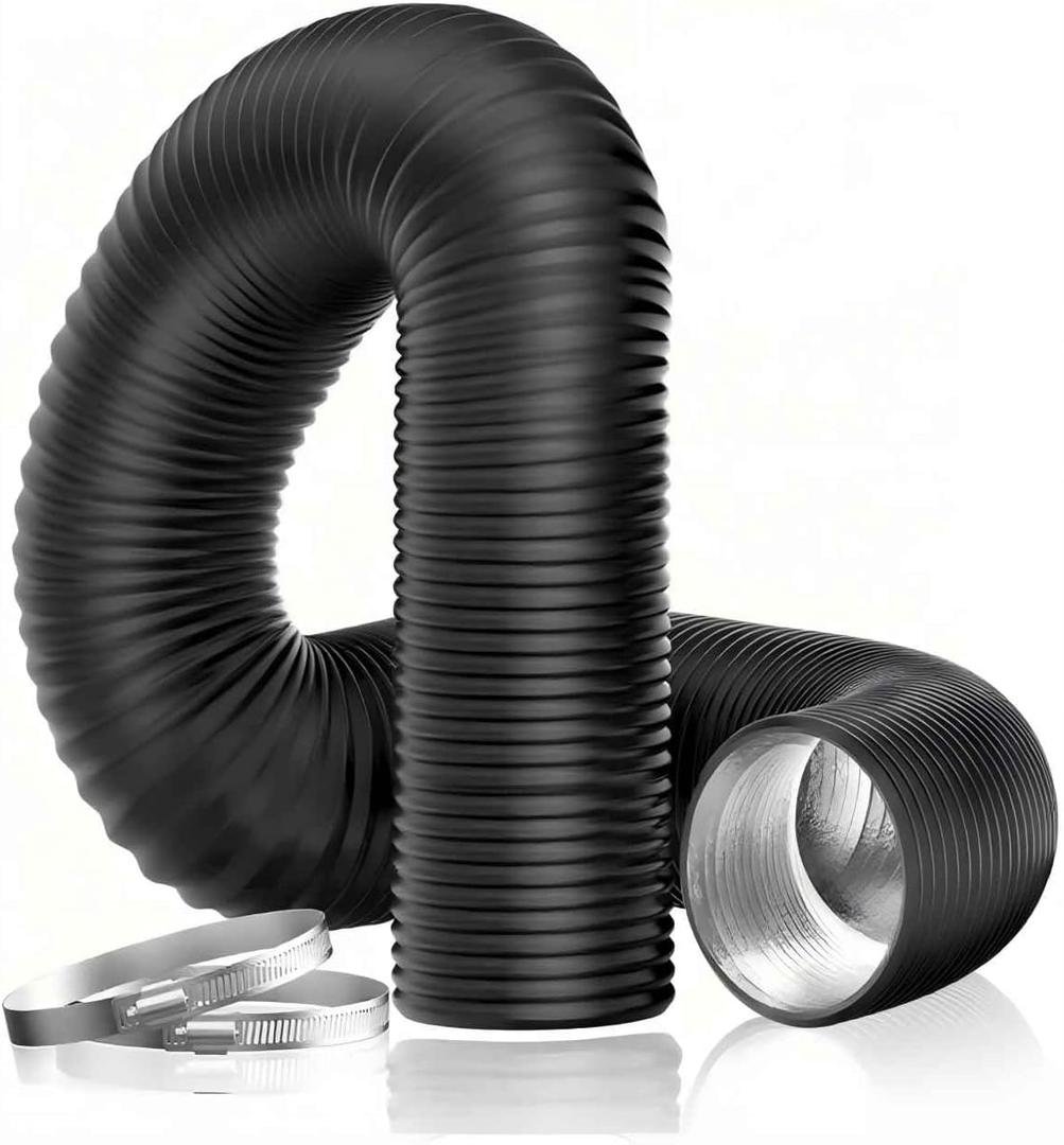 4 Inch 8 Feet Black Dryer Vent Hose Heavy Duty Dryer Vent Duct Kit, Flexible Aluminum Dryer Vent Pipe with Clamps for HVAC, Laundry Dryer Exhaust Hose Replacement