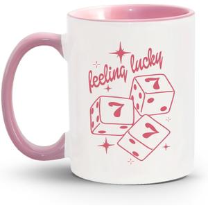 Trendy Feeling Lucky Coffee Mug, Preppy Pink Dice Ceramic Coffee Mugs, Cute Inspirational Coffee and Tea Cup for Women Girls, 11oz Ceramic Cup Pink