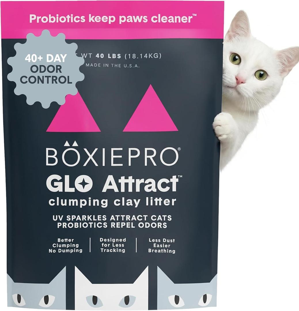 Boxie Glo Clumping Clay 30 Day Odor Control Cat Litter, 99.9% Dust-Free, Low Tracking, UV Light Attractant, 40 lb