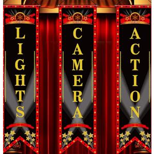 Tegeme Movie Night Porch Sign Banner Movie Theme Party Decorations Theater Welcome Now Showing Lights Camera Action Hanging Porch Sign for Home Film Backdrop Party Supplies (Delicate,Red and Black)