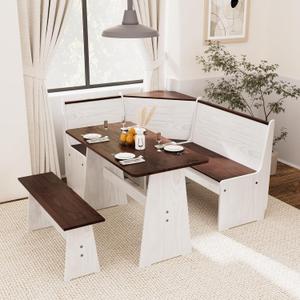 Kitchen Breakfast Nook Table Set - Solid Wood Corner Bench Dining Set for 4-6 People, L Shaped Bench for Dinner Room, Space Saving Kitchen Booth Seating with Table for Small Space, Russet