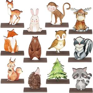 Yaomiao 12 Pcs Woodland Animal Wooden Table Centerpiece Cutout Shapes Forest Painted Baby Shower Decorations Wild Creatures Wood Table Sign for Forest Camp Birthday Party Supplies