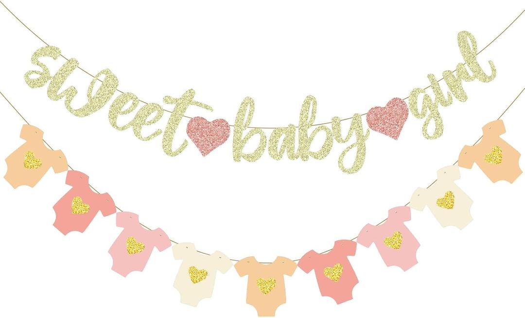 Frienda Baby Shower Decorations, Pennant Bodysuit Glitter Banners, No DIY, Pre-strung Baby Shower Gender Reveal Party Decorations for First Birthday Party Supplies(Girl,Pink,Gold)