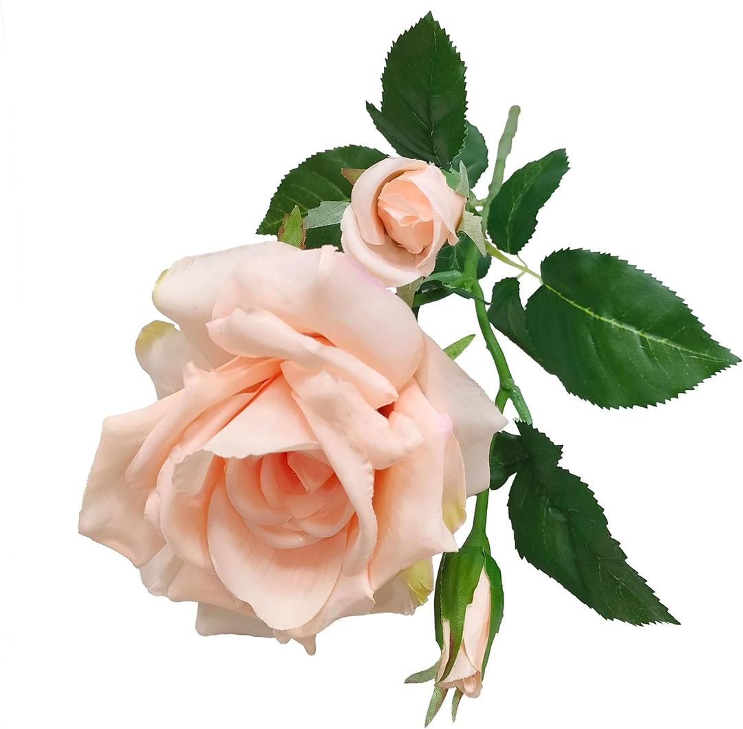 ATFL Fake Silk Real Touch Champagne Colored Roses Flowers,4 Pcs Artificial Roses with Stems for Wedding Arrangement Centerpieces Party Home Table Decorations