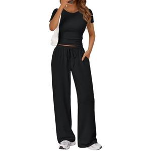 Trendy Queen 2 Piece Matching Summer Lounge Set Womens Side Ruching Top Wide Leg Pants Sets with Pockets XL