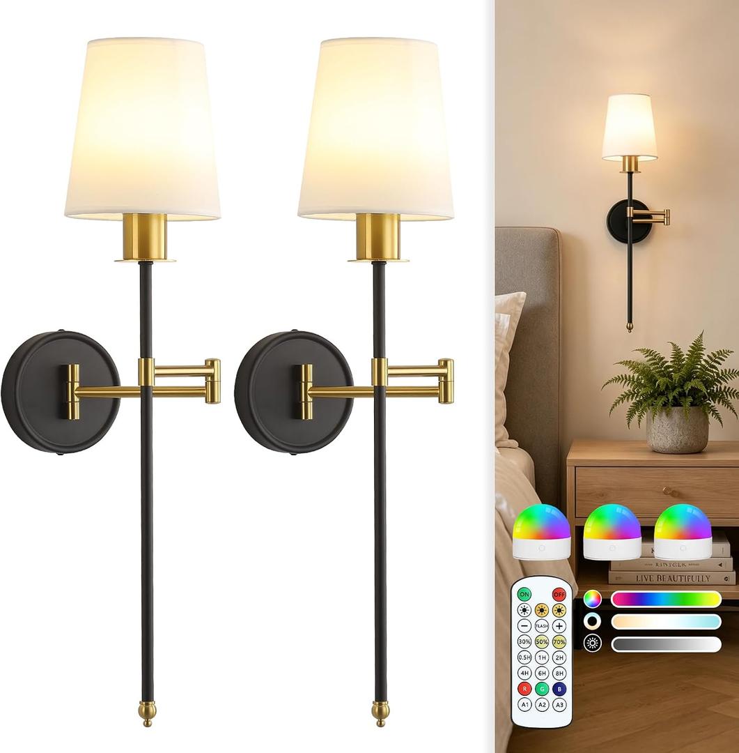Battery Operated Wall Sconces Set of 2, 24.92" Rechargeable Wireless Dimmable Wall Lights with 9 RGB Colors, Swing Arm Wall Lamp with Remote Control & Timer for Bedroom Living Room Hallway
