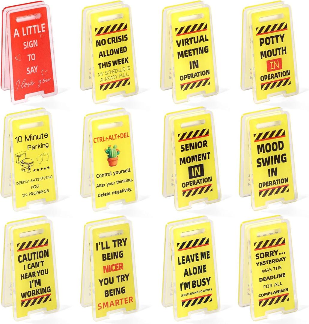 12pcs Funny Sticky Note Holder, Mini Acrylic No Crisis Allowed This Week Mood Swing Caution Desk Warning Sign Funny Humor Gag Gifts Decor for Overstimulated Office Supplies for Men Women Coworker