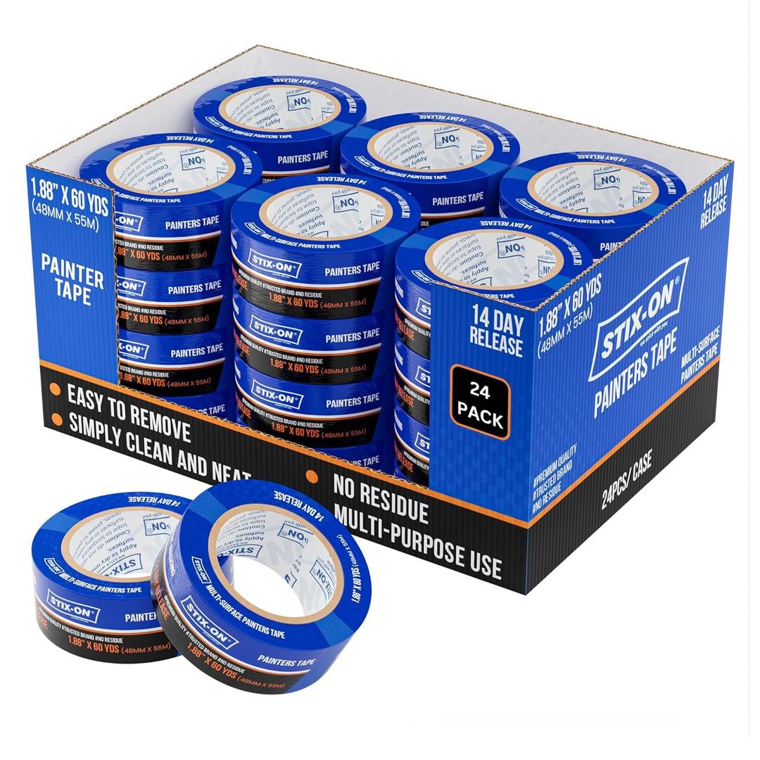 Painters Tape 2 Inch Wide, 24 Roll Painting Tape Blue Masking Tape for Painting Walls, DIY, Surface-Safe & Residue-Free, Edge Paint, 1.88 Inch X 60 Yards X 24 Rolls, Bulk