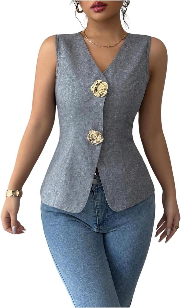 GORGLITTER Women's 3D Flower Metallic Vest Tops Button Up Waistcoat V Neck Sleeveless Vest Blazers (Medium, Grey)