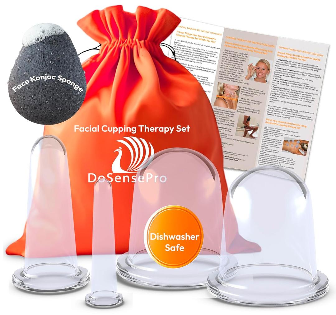 Facial Cupping Set  4 Silicone Cups for Face, Neck & Body + Konjac Sponge & Guide  Lymphatic Drainage, Anti-Aging, Puffiness Reduction, TMJ Relief & Cellulite Massage  Medical-Grade Silicone (5 Piece Set)