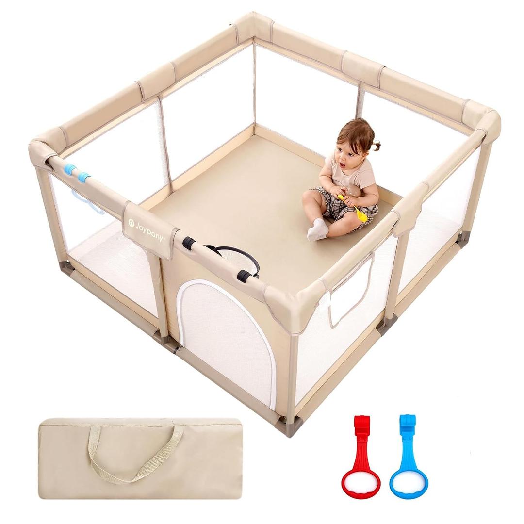 Joypony Baby Playpen, 50x50 in Small Play Pen for Babies and Toddlers, Playpen for Kids with Gate, Indoors Play Yard with Soft Breathable Mesh (Beige)