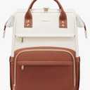 Leather Backpack for Women,17 inch Leather Laptop Backpack Women,Professional Work Backpack Nurse College Teacher Bag,Womens Laptop Tote Bag Computer Travel Backpack Purse,Beige White-Brown