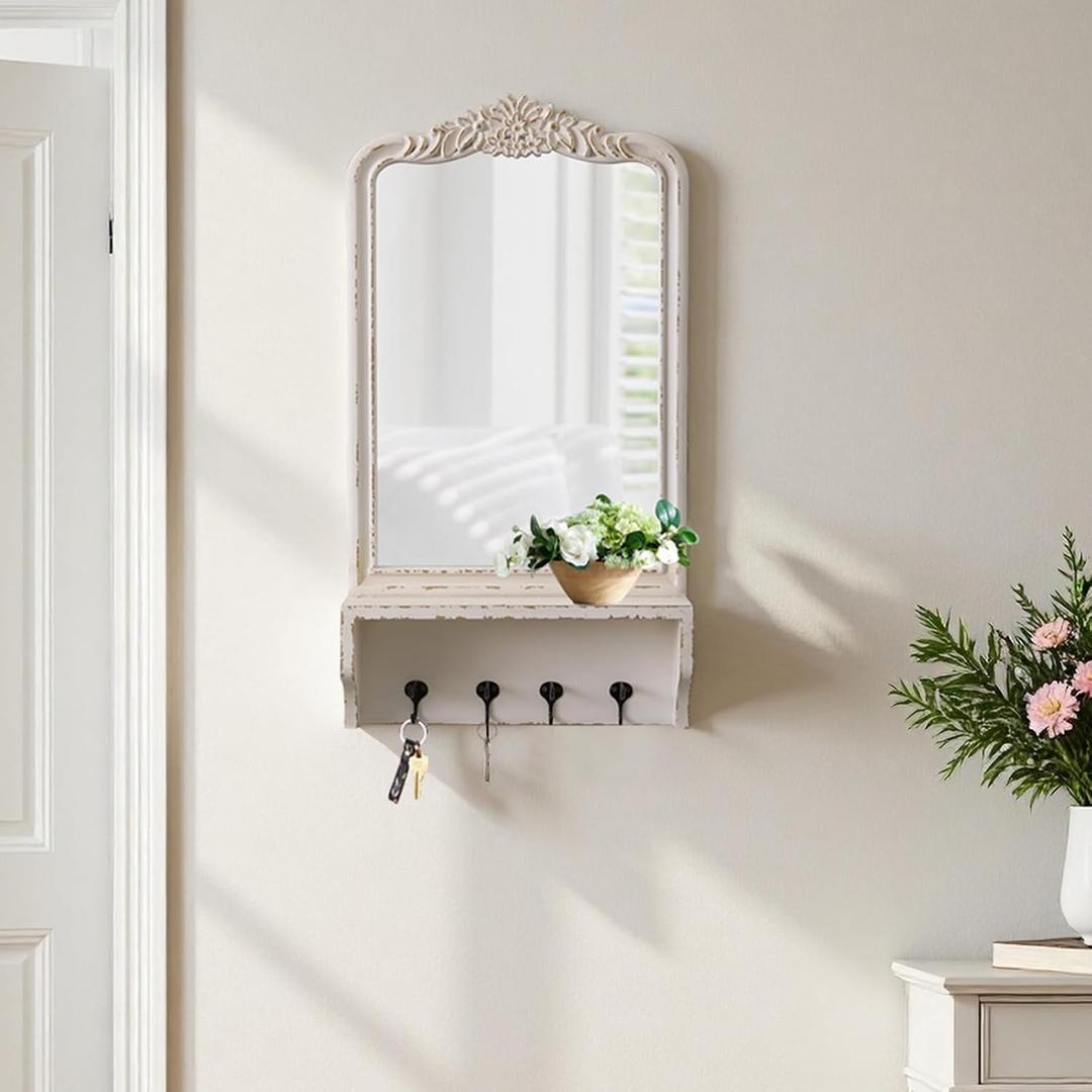 Vintage Mirror with Shelf and 4 Hooks 30 X 16 Inch