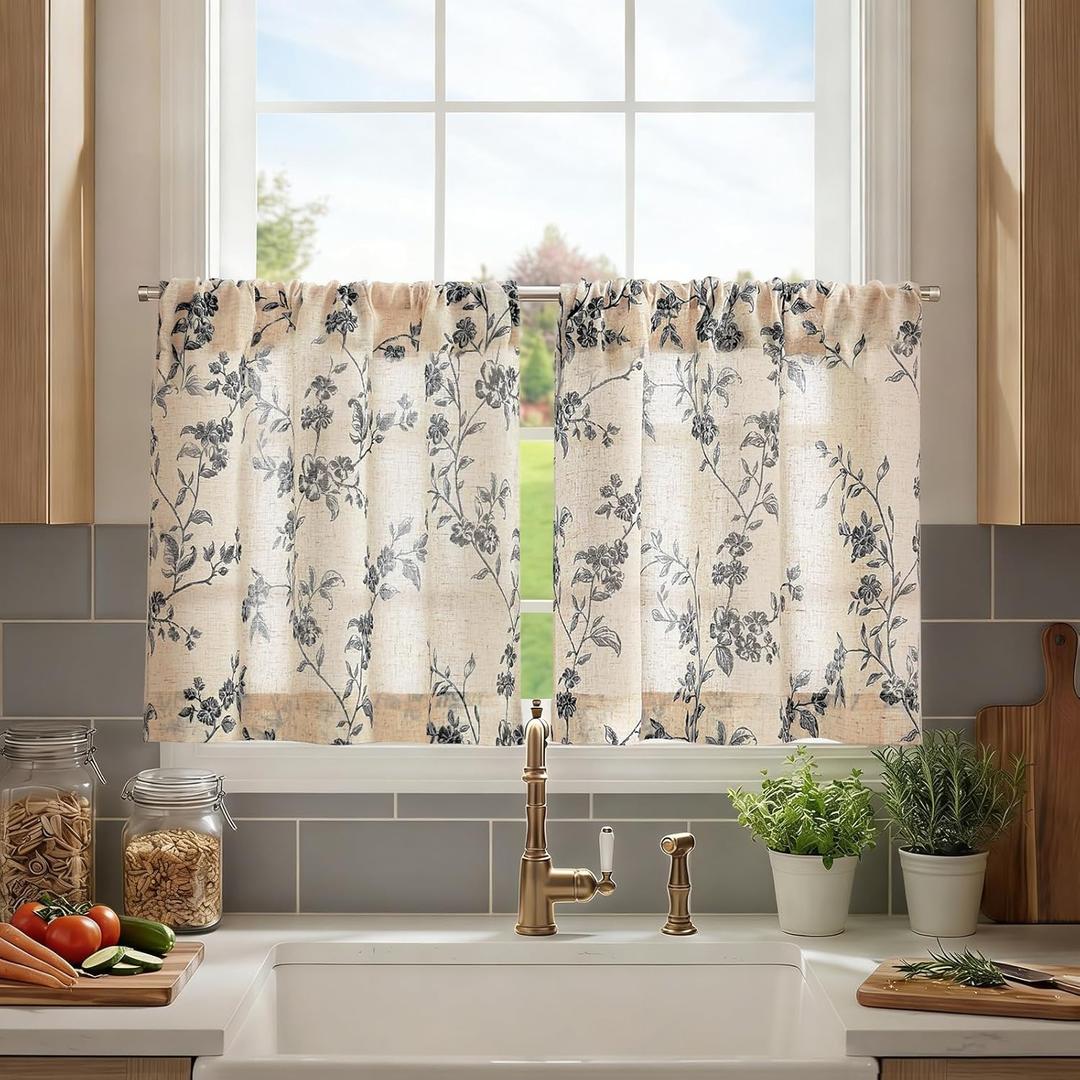 jinchan Floral Kitchen Curtains 24 Inch Linen Tier Curtains Farmhouse Cafe Half Window Drapes Over Sink Light Filtering for Living Room Laundry RV Rod Pocket 2 Panels Black on Beige