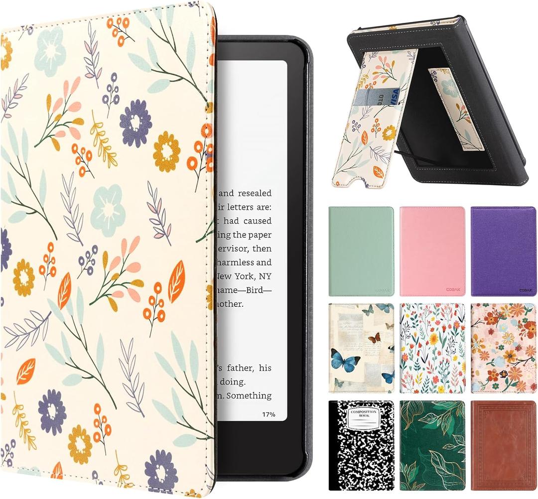 CoBak Stand Case for 7" Kindle Paperwhite 12th Gen 2024 and Kindle Colorsoft with Hand Strap - Compatible with iPhone MagSafe, for Samsung/Belkin/Anker Wireless Charging Pads, Durable, Auto Sleep Wake (*Upgraded Flowers)