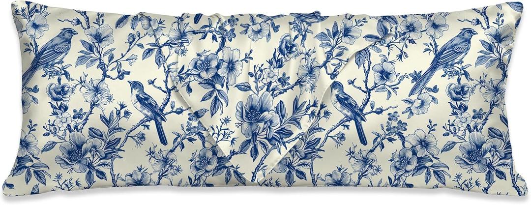 Romantic Body Cooling Pillow Cases Cover, Blue Floral Body Pillow Cover,Chinoiserie Decor,Satin Pillowcase for Hair and Skin,Soft Long Pillow Cover with Zipper Closure 20x54 Inches