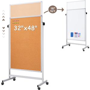 Double Sided Cork Board White Board, 32 x 48 inches Large Cork Board for Office, Height Adjustable Magnetic Dry Erase Board on Wheels, Portable Freestanding Natural Corkboard for Displaying, Planning