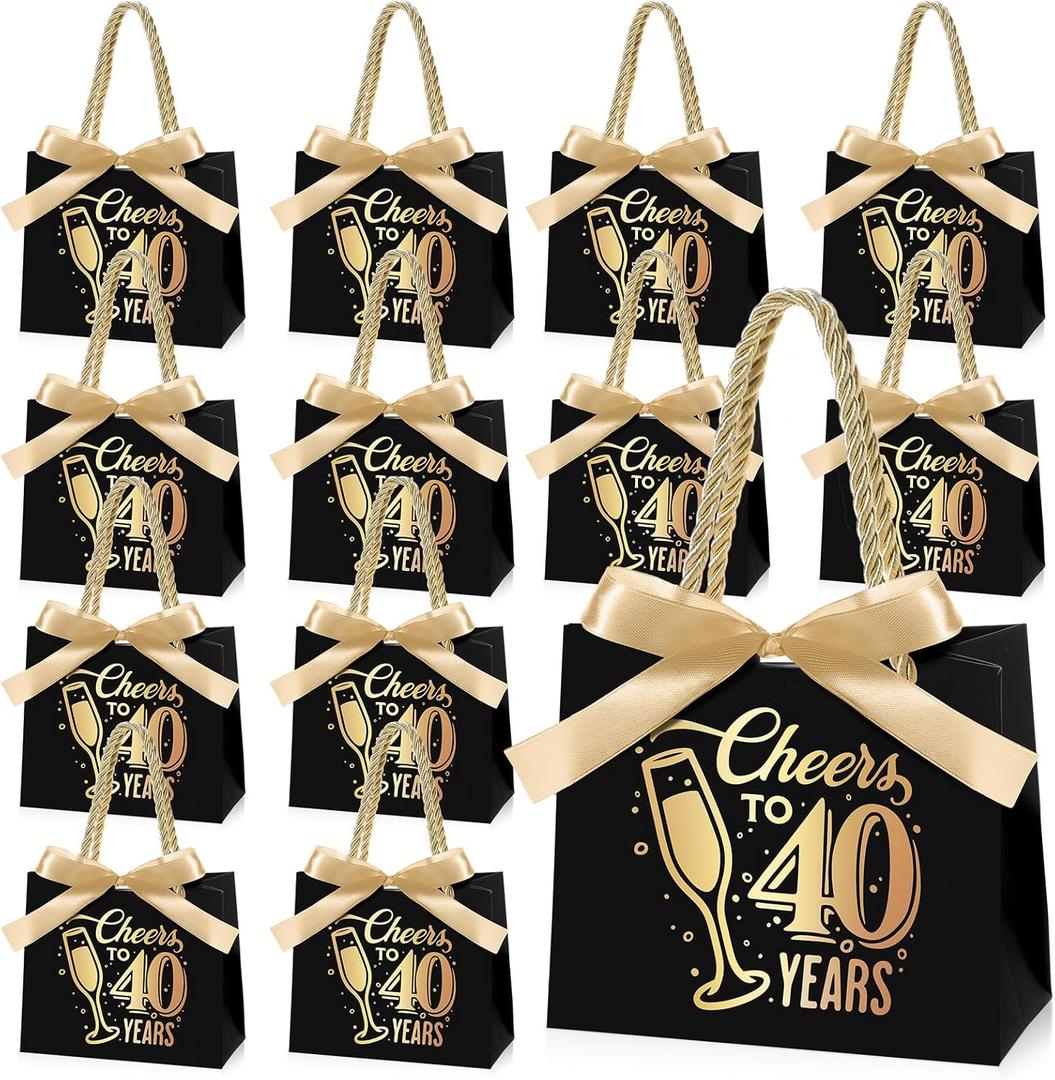 Clysee Mini Birthday Gift Bags with Handles Party Favor Bags Bulk for Birthday Wedding Anniversary Supplies Decorations, 5.51 x 2.36 x 4.72 Inches (Cheers to 40, Black and Gold)