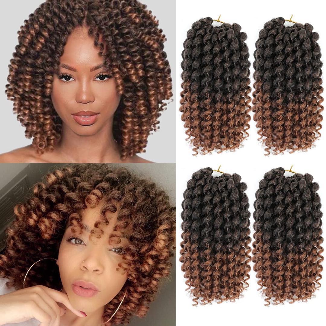 Short Jamaican Bounce Curly Crochet Hair Extensions Synthetic 4packs/lot Ombre Brown Ocean Wave Crochet Braids For Black Women (12inch (pack of 4), T30)