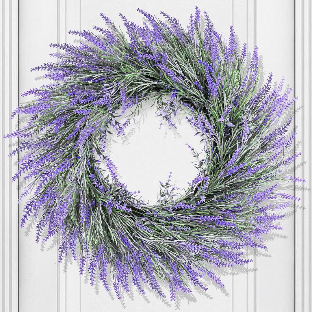 HUZIYAHAN Spring Summer Lavender Door Wreath 24Inch Front Door Wreath All Seasons Wreaths Purple Artificial Lavender Wreaths for Outdoor Outside Indoor Window Home Rustic Farmhouse Decorations