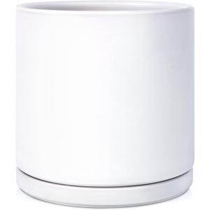 Kazeila Plant Pots Ceramic Planter for Indoor Outdoor Plants Flowers 10 Inch Matte White Large Cylinder Flower Pot with Saucer and Drainage Hole,Glazed Finish Interior and Exterior