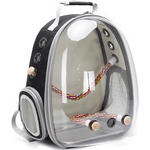 Bird Traval Carrier Cage, Clear Space Capsule Astronaut Backpack to Carry Parakeet Cockatiel Parrot with Metal Tray Wood Perch, Vet Transport School Bag (Black)