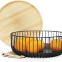 Fruit Basket with Wooden Bamboo Lid - Fruit Bowl For Kitchen Counter - Countertop Bin for Produce Fruits, Potato and Veggie - Metal Wire Baskets For organizing - 11.4"x11.4"x4.5" - Black