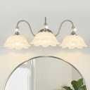 Brushed Nickel 3-Light Bathroom Vanity Light with Floral White Glass Shades, Brushed Nickel Wall Mount Lighting for Bathroom, Dressing Table