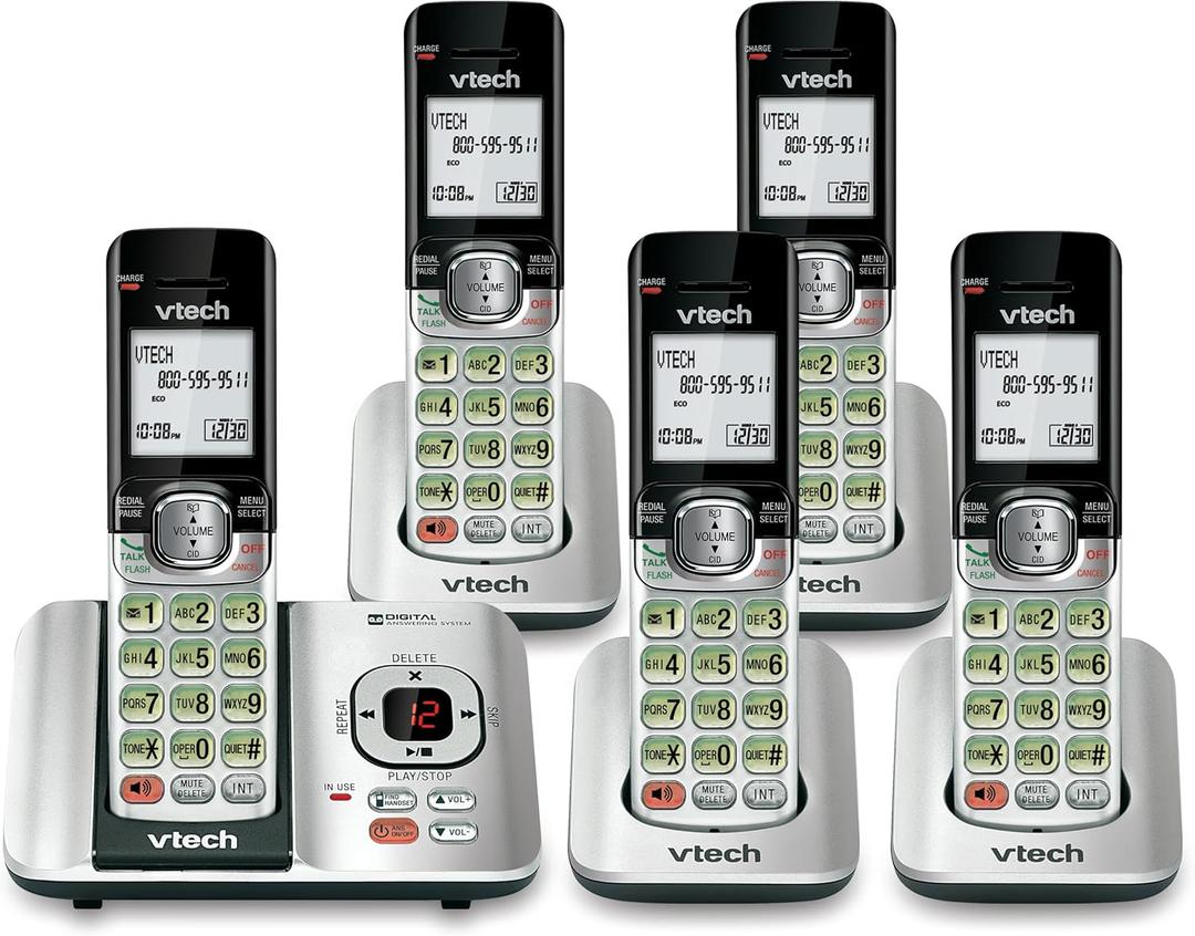 VTech CS6529-5 5-Handset DECT 6.0 Cordless Phone with Answering System, Caller ID/Call Waiting, Wall-Mountable, LCD Screen, Handset Speakerphone (Silver/Black)