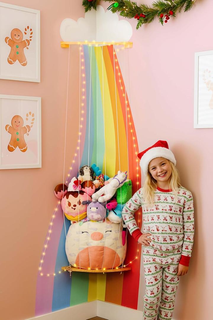 PUTSKA Nursery Furniture Hanging Organizer  Wall Mounted Stuffed Animal Storage for Baby Room, Corner Plush Collection Display & Nursery Organization System, Space-Saving Vertical Storage - Rainbow