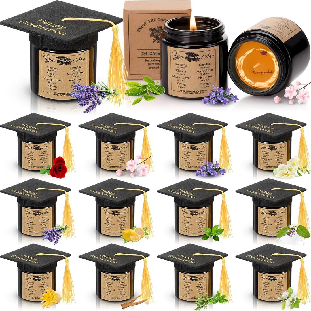 Nuanchu 24 Pcs Bible Verses Graduation Scented Candle with Felt Graduation Cap 3.5oz Candle for Him Her Natural Soy Wax Lavender Handmade Commemorate Gift Favors Bulk for High School College Graduate