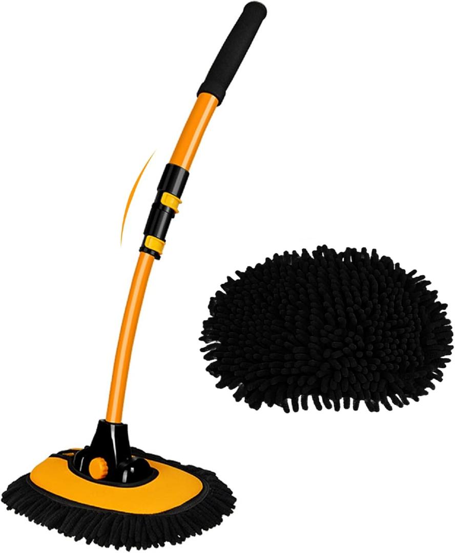 15 Curved Car Cleaning Brush with Telescopic Handle 43" Aluminum Alloy Long Rod Wash Mop For Washing Caravan Van Truck Boat RV Roof Soft Chenille Head Duster Clean Product Not Hurt Paint Scratch Free (Back and Yellow)
