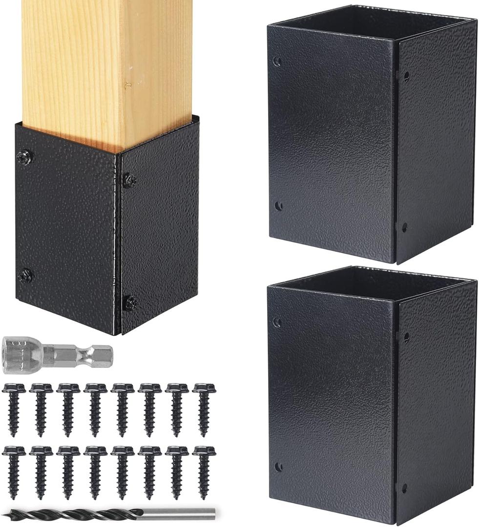 Stainless Steel Adjustable (Range 3.3"-6") Post Protector, Protects Wooden Mailboxes and Fences from Lawnmower and rain Damage (Black, 2 Set)