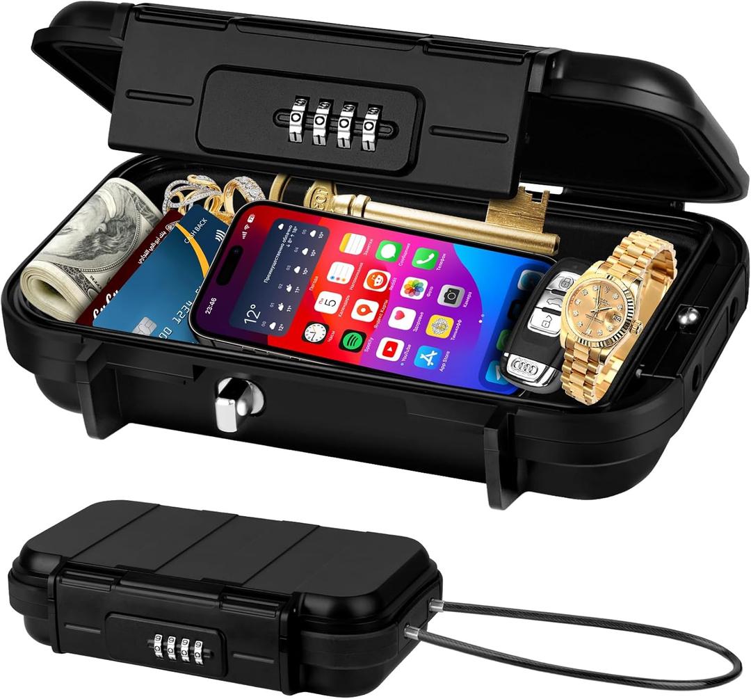 Portable Travel Safe Lock Box 4-Digit Combination Mini Safe Box, Anti-Theft Beach Security Lockbox Waterproof Small Lockable Box with Removable Wire Rope for Dorm Beach Hotel Car Home Office (Black)