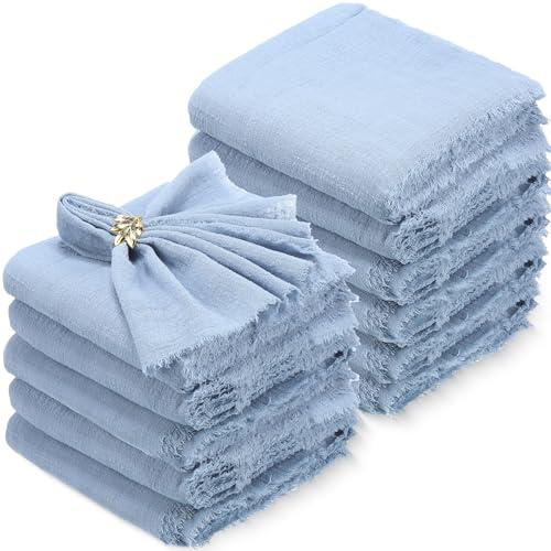 Buryeah 48 Pcs Cotton Linen Cloth Napkins with Fringe 16.5 x 16.5 Inch Square Rustic Dinner Linen Napkins Bulk for Wedding Party Banquet Dinner(Dusty Blue)