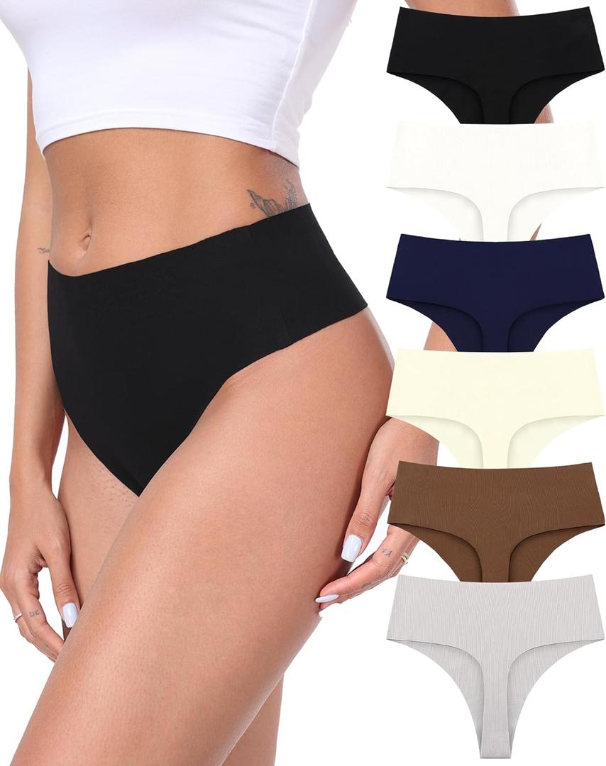 Cotton Thongs for Women High Waisted Seamless No Show Thong Stretchy Comfort Panties S-XL (Medium, Blackgray-6 Pack)