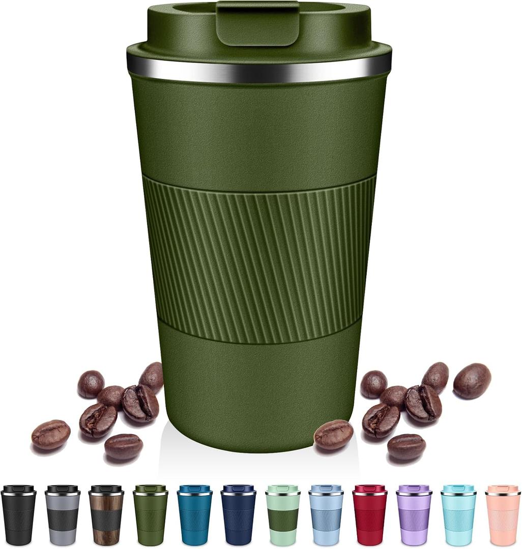 Insulated Coffee Tumblers with Flip Lid 12oz / 17oz, Stainless Steel Travel Coffee Mug Leak Proof, Vacuum Insulated Coffee Mug Reusable Cup, Keeps Cold and Hot for Coffee Tea (Army Green)