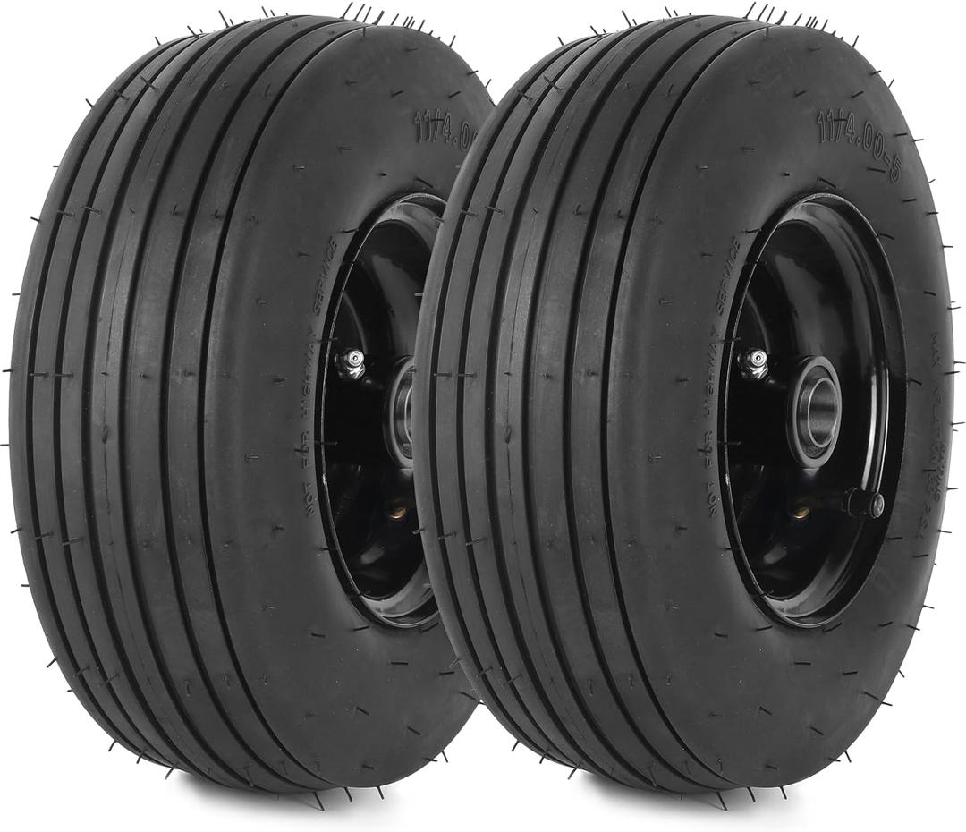 AR-PRO (2-Pack) 11x4.00-5 Tire and Wheel Assembly, 11x4-5 Lawnmower Tire (4-Ply) and Rim with Tube, 3.4 Centered Hub with 3/4 Bearings, Universal Lawn Mower/Yard Tractor Turf Tires (Black(Rib Tread))