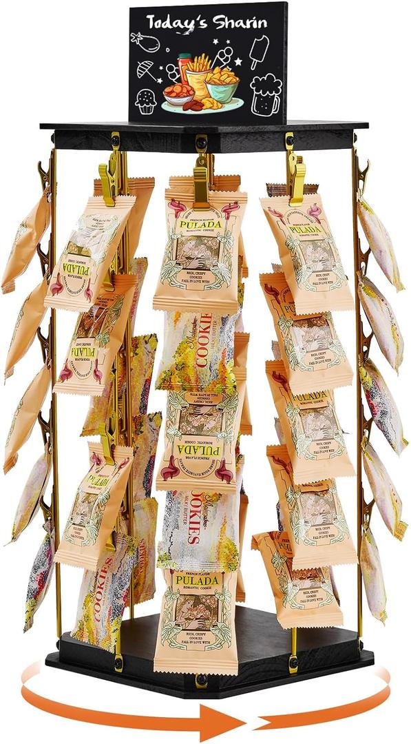 Pinzoveco Chip Rack Display Stand, 5 Tiers 40 Clips Snack Organizer for Office Desk, 360 Rotating Wooden Base Chip Holder Candy Display for Concession Stand, Countertop, Party, With Message Board