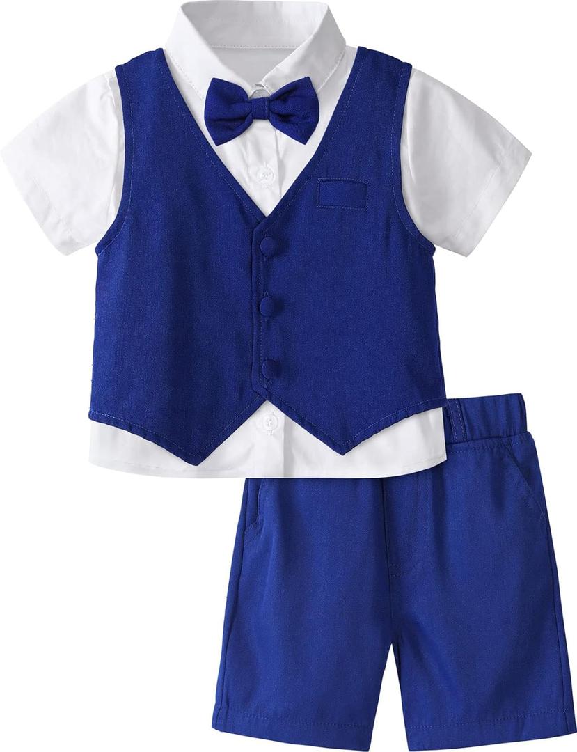 A&J DESIGN Toddler Suit, Gentleman Outfit for boys, 3pcs Clothes Set Shirt & Vest & Shorts with Bowtie (4-5T)