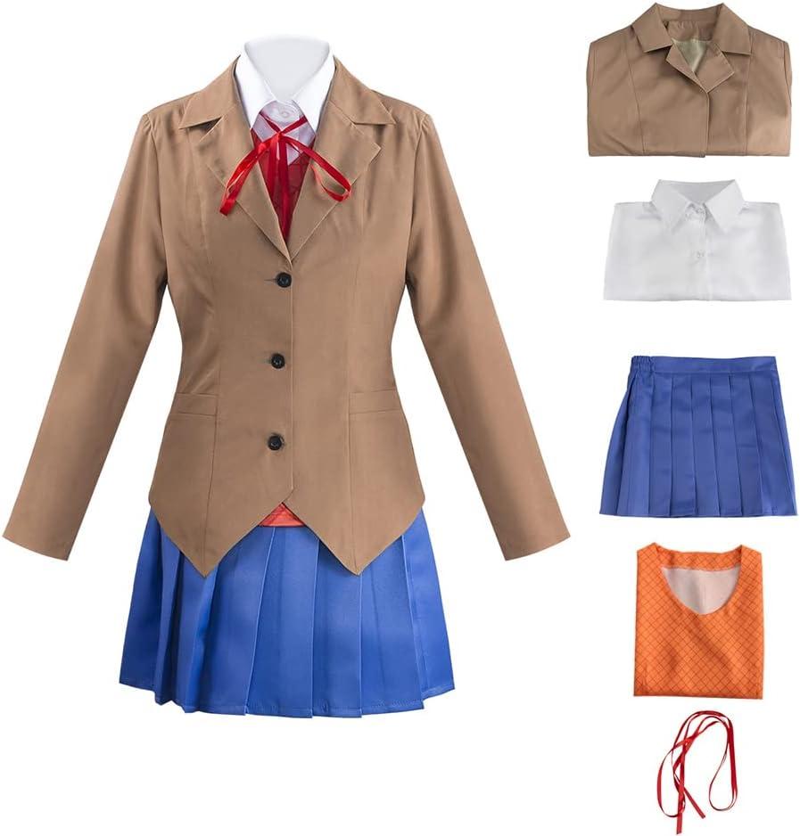 Juejuezi Doki Doki Monika Outfit Yuri Uniform Dress Sayori Cosplay Costume Women Pleated Skirt Shirt Set Halloween (X-Small, Brown)