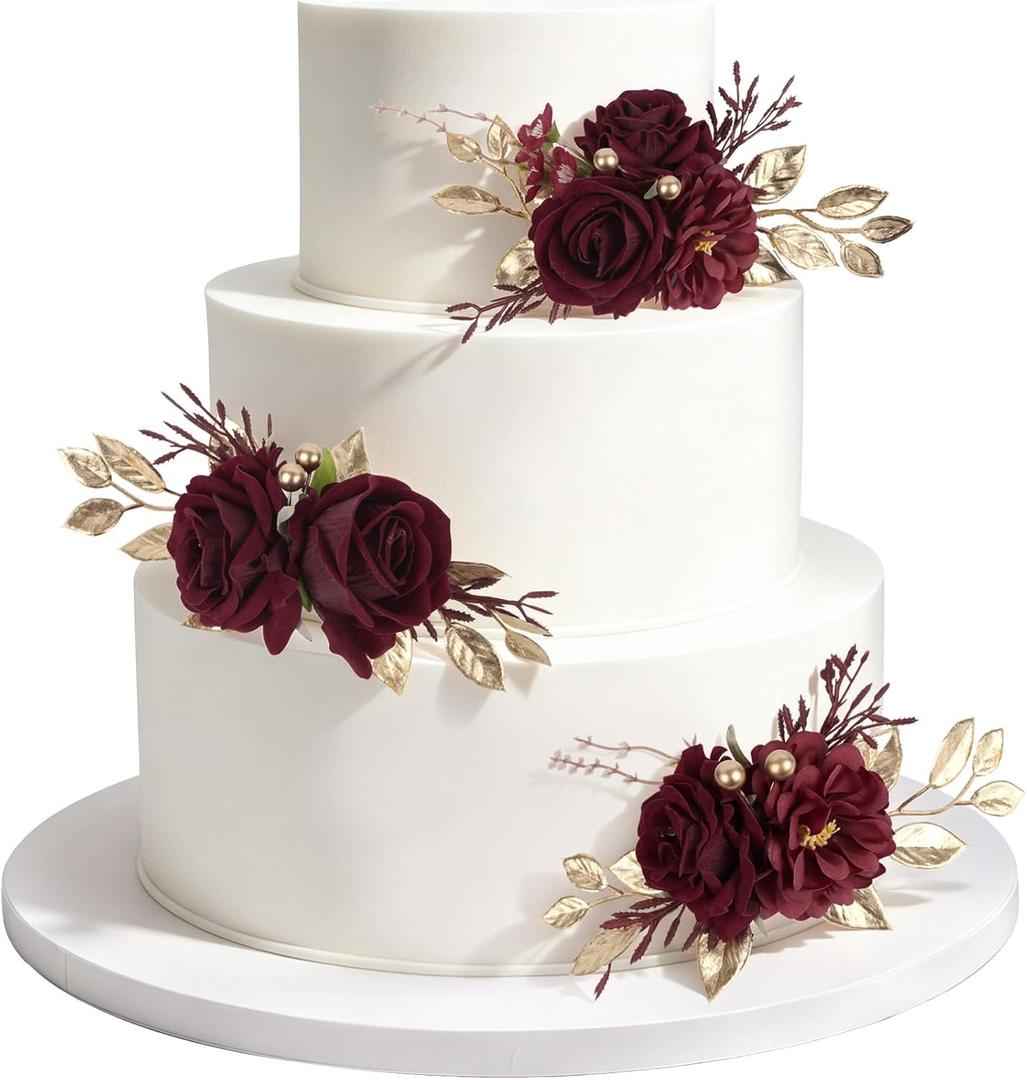 3PCS Burgundy Cake Flowers Wedding Cake Topper Flowers for Cake Decorating Floral Cake Decorations for Wedding Anniversary Birthday Party Home Decor (Burgundy)