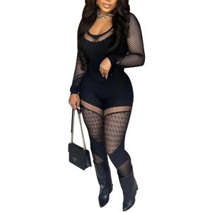 WEICHUJIAN Women Sexy See Through Womens Jumpsuit Outfits Mesh Hollow Out Crop Top Bodycon Long Sleeve Rompers (Small-Medium, Black)