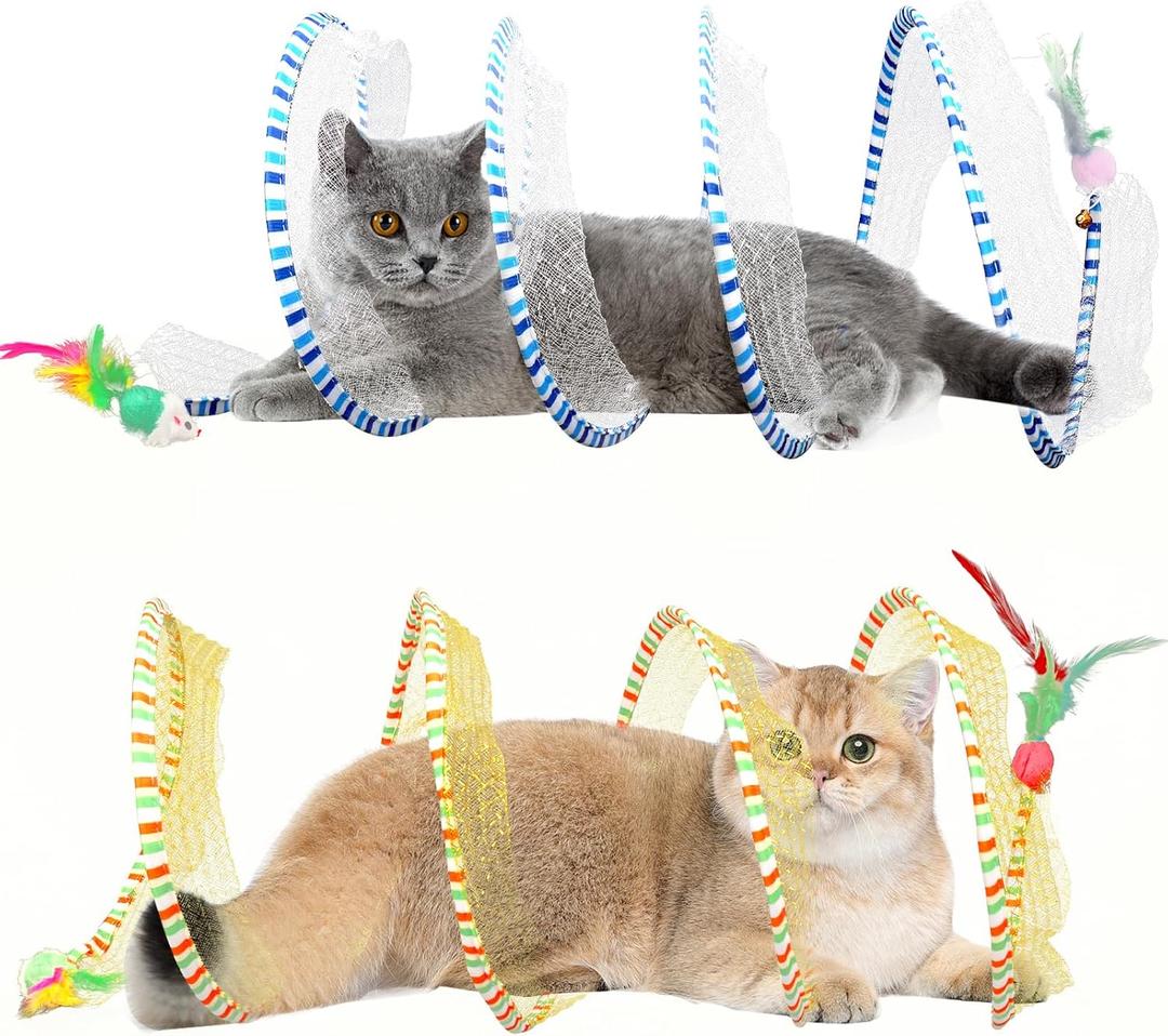 2-Pack Large Cat Tunnel Beds - Indoor & Outdoor,Kitten Collapsible Spring Tunnel Toy with Feather and Bell,Interactive Spring Toys for Cats & KittensYellow and Blue