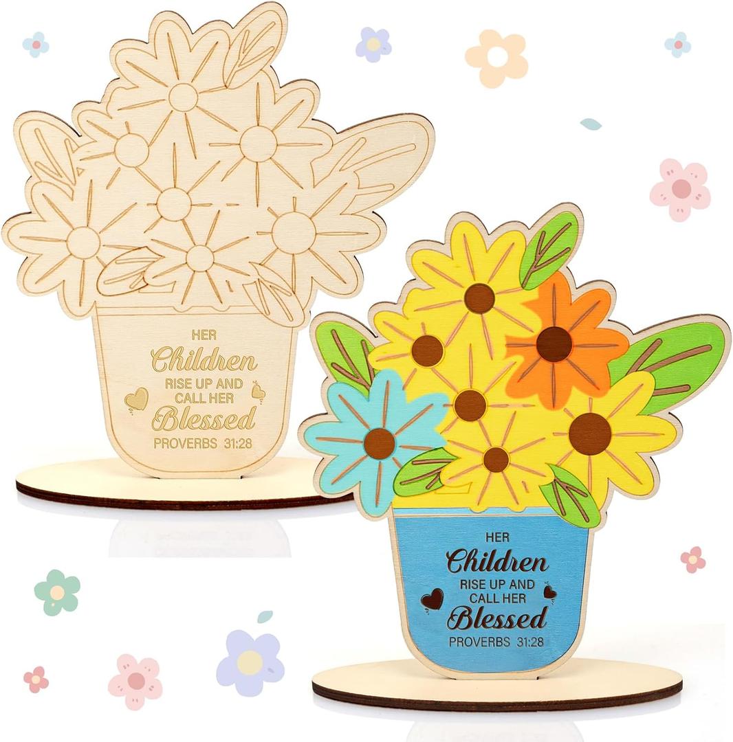 Spakon 30 Set Religious Mother's Day Flowers Crafts Wooden Flower Card Painting Coloring Craft DIY Flower Christian Wooden Sign for Sunday School Activities Mother's Day Church Gift Craft