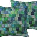 VIREOTHIA Mosaic Pillow Covers 18x18 Set of 2 Green Blue Decorative Throw Pillow Cover Geometric Cubes Square Pillowcases Cushion Covers for Couch Bed Sofa Decor