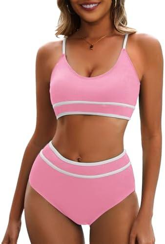 Century Star High Waisted Bikini Sets for Women Sporty Two Piece Swimsuit Ribbed Color Block Bathing Suit, XL, Pink